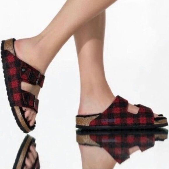 Birkenstock Arizona Shearling Slide Sandal Buffalo Plaid - Picture 1 of 11